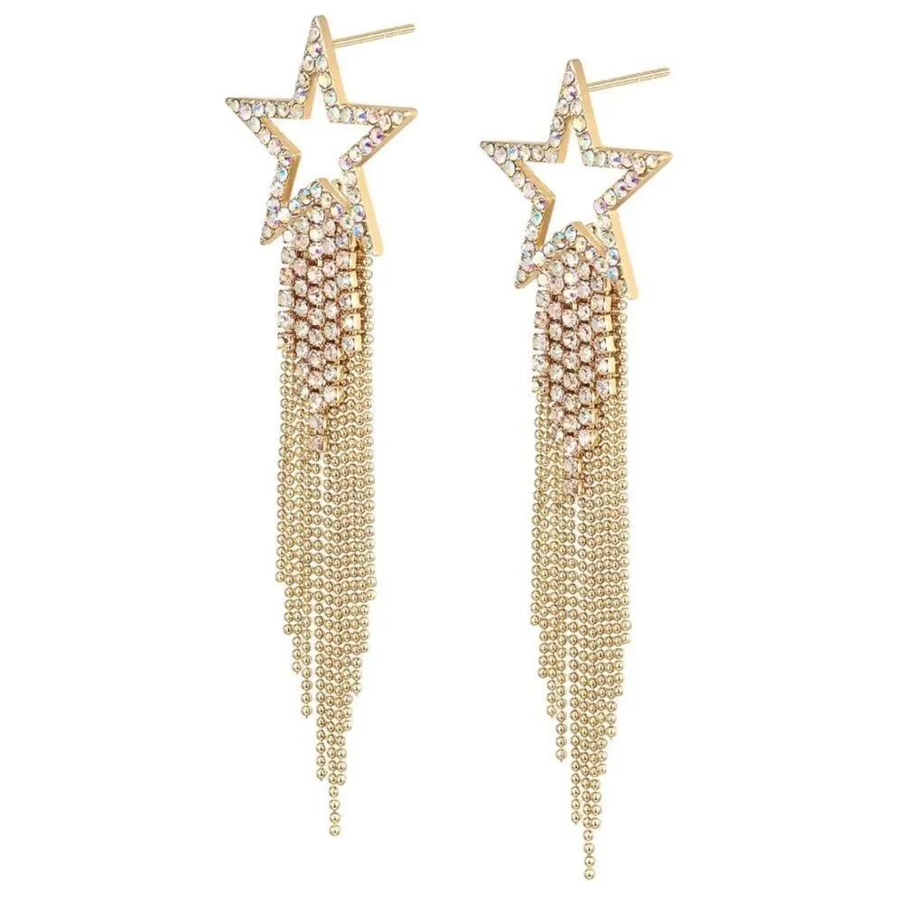Yellow Gold with Iridescent AB Crystal Star Beaded Tassel Post Back Earrings